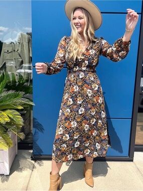 Sadie & Sage Navy Floral Midi Dress with Rust and Cream Accents